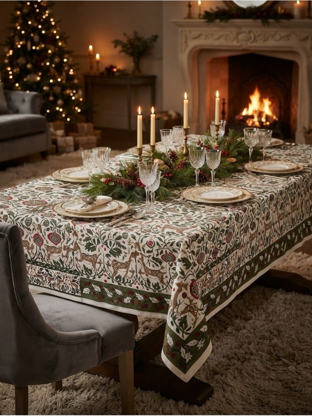 NWT❤️The Farmhouse Festive Botanical Deer Print Tablecloth szOblong 60”X144”